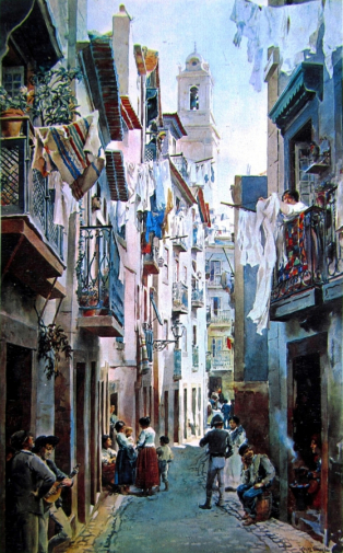 Альфредо Роке Гамейро. Руа-де-Сан-Мигель. Бумага, акварель. 1910-1920. Музей Лиссабона.