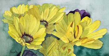 Николь Куррери. Жёлтые герберы. Бумага, акварель. 2021. Частная коллекция.