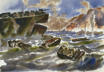 Гарри Рикс. Военный транспорт у Иводзимы. Бумага, акварель. 20,3х30,1. 1945. Военная коллекция Энн С.К. Брау.