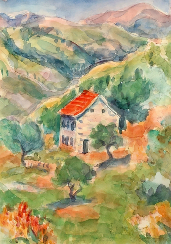 Велько Станоевич. Пейзаж с домом. Бумага, акварель. 40,5х28. 1961. Частная коллекция.
