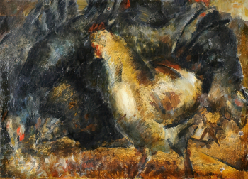 Загоскин Давид Ефимович. Петух и куры. Фанера, масло. 27х37,5. До 1922. Саратовский государственный художественный музей имени А.Н.Радищева.