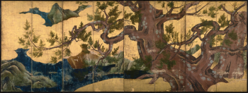 Кано Эйтоку. Кипарис (Старая сосна). Ширма. Бумага, краска, золотые листы. 170х460. 1580-1590. Токийский национальный музей.