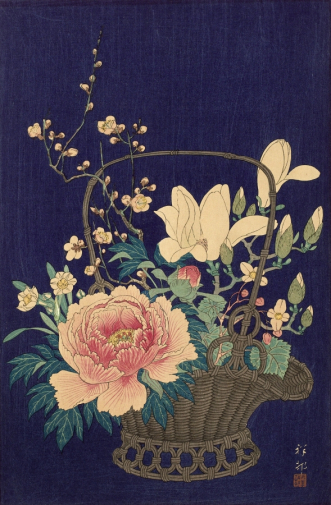 Косон Охара. Цветы в корзине. Бумага, ксилография. 1932. Рейксмюсеум.