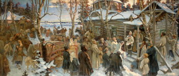 Шабунин Николай Авенирович. Отъезд Суворова из села Кончанского в поход 1799 года. Холст, масло. 127х297. 1900. Государственный мемориальный музей А.В.Суворова.