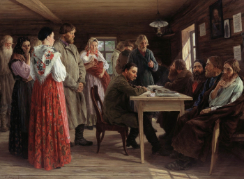 Зощенко Михаил Иванович. Волостной суд. Холст, масло. 79,3х110. 1888. Государственная Третьяковская галерея.