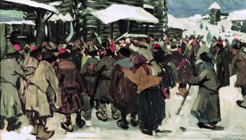 Афанасьев Алексей Фёдорович. У приказных ворот (эскиз). Бумага, темпера. 36х63. До 1913 года. Саратовский государственный художественный музей имени А.Н.Радищева.