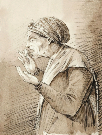 Вышеславцев Аркадий Сергеевич. Старуха, нюхающая табак. Бумага, перо, тушь, акварель. 8,6х6,8. 1857. Государственный мемориальный историко-художественный и природный музей-заповедник В.Д.Поленова.