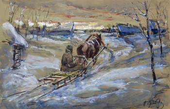 Грабовский Иван Михайлович. Зима. Крестьянские сани. Бумага на картоне, уголь, акварель, гуашь. 32,5х50,5. 1915. Государственный художественный музей (Ханты-Мансийск).