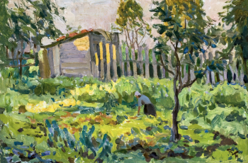 Белкин Вениамин Павлович. На даче у Грековой. Картон, масло. 23х36,3. 1948. Иркутский областной художественный музей имени В.П.Сукачева.