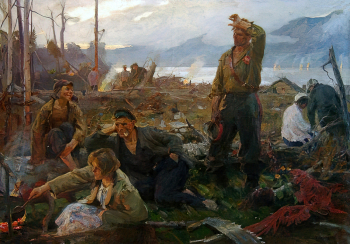 Кабанов Игорь Сергеевич. Строители Комсомольска-на-Амуре. Холст, масло. 170х250. 1958. Новокузнецкий художественный музей.