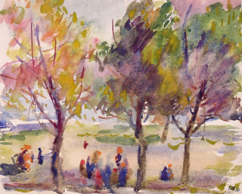 Афанасьева Елена Александровна. Чистопрудный бульвар. Бумага, акварель, белила. 18,5х23. 1935. Картинная галерея городского округа Красноармейск.