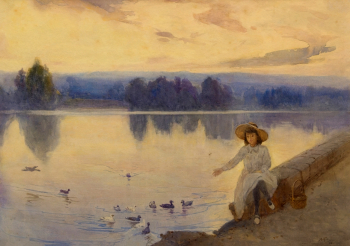 Альберт Генри Фуллвуд. Кормление уток. Бумага, акварель. 24,5х35. 1910. Частная коллекция.