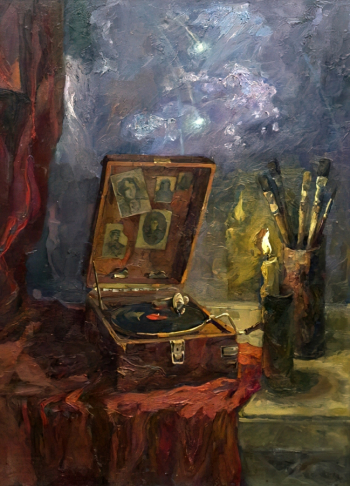 Постников Борис Анатольевич. Память. Военный патефон. Холст, масло. 120х86. 1985. Удмуртский республиканский музей изобразительных искусств.