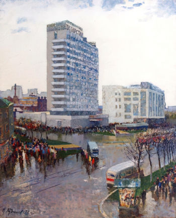 Кузнецов Николай Дмитриевич (1923-1974). Площадь Куйбышева, гостиница `Татарстан`. Холст, масло. 104,5х86. 1972. Государственный музей изобразительных искусств Республики Татарстан.