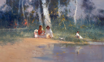 Роберт Хаган. На заднем дворе. Холст, масло. 120х212. Частная коллекция.