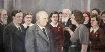 Варсонофьев Сергей Сергеевич. Хрущёв Никита Сергеевич с передовиками производства. Холст, масло. 69х128. 1959. Музей-усадьба А.М.Герасимова.