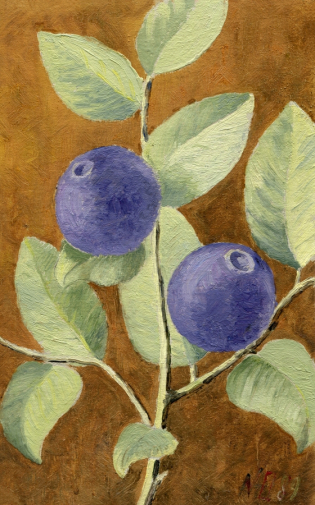 Меньшиков Юрий Анатольевич. Черника (этюд). Картон, масло. 30х18. 1989. Александровский художественный музей.