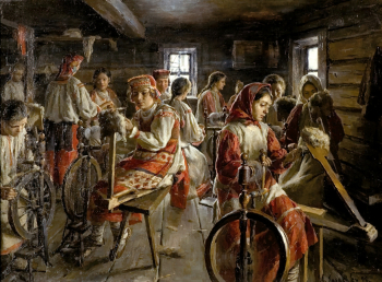 Казаков Иван Семёнович. Пряхи. Холст, масло. 66,5х89,5. 1899. Частная коллекция.