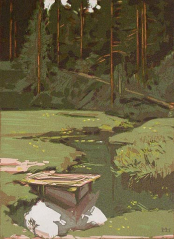Маторин Михаил Владимирович. Мостик. Бумага, цветная линогравюра. 38х29,1. 1971. Картинная галерея городского округа Красноармейск.