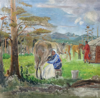 Тас-оол Всеволод Ламаевич. Дойка коров. Холст, масло. 104х105. 20 век. Национальный музей имени Алдан-Маадыр Республики Тыва.