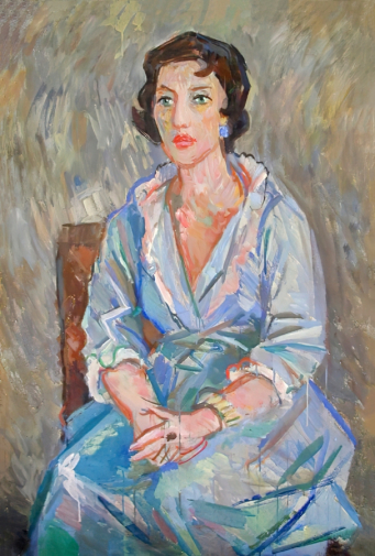 Штамм Николай Львович. Женщина в голубом. Холст, темпера. 119х79,5. 1960-е. Сахалинский областной художественный музей.