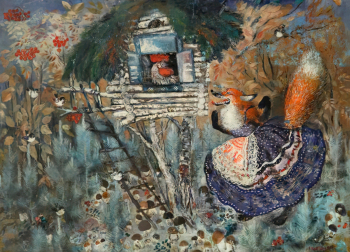 Чарушин Евгений Иванович. Лиса и петух. Холст, масло, гуашь. 81,5х111. 1943. Вятский художественный музей имени В.М. и А.М. Васнецовых.