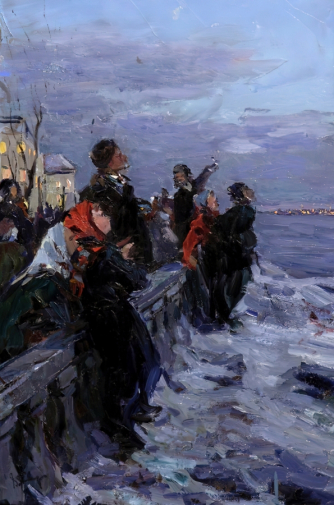 Сараев Владимир Васильевич. Первый спутник над Архангельском. Картон, масло. 40,5х24,4. 1960. Художественная культура Русского Севера.
