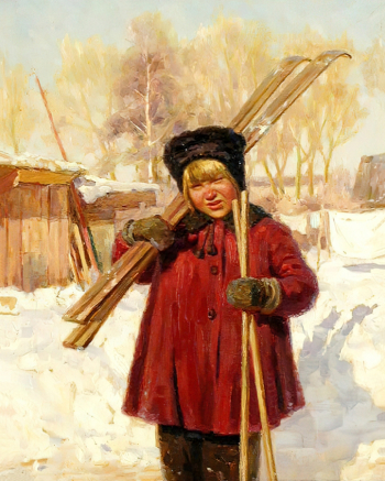 Семяшкин Александр Васильевич. Маленькая лыжница. Картон, масло. 44,5х36. 1953. Музей изобразительных искусств Республики Карелия.