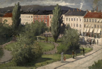 Харальд Бертран. Улица Карла Юхана в Осло. Доска, масло. 19х28,7. 1883. Национальный музей искусства, архитектуры и дизайна (Осло).