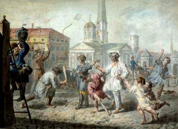 Корнеев Емельян Михайлович. Игра в чирки. Бумага, акварель, тушь. 23,2х31,8. 1810-1811. Государственный Эрмитаж.