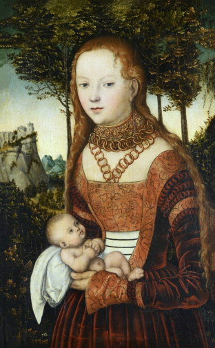 Лукас Кранах Старший. Молодая мать с ребёнком. Доска, масло. 60,5х37,5. 1525. Фонд Вартбурга.