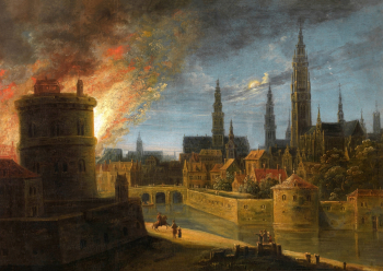 Даниэль ван Хайль. Огонь в Антверпене. Холст, масло. 53,8х76,9. 1627-1664. Королевский музей изящных искусств (Антверпен).