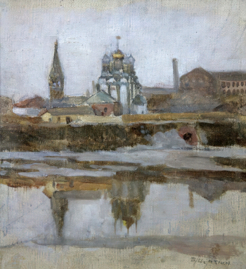 Чураков Степан Сергеевич. Церковь у реки. Холст, масло. 23,5х21. 1932. Ростовский областной музей изобразительных искусств.