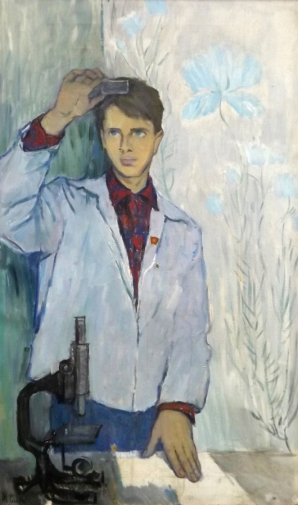 Егорова Муза Александровна. Школьник с микроскопом. Холст, масло. 100х60. 1964. Захаровский краеведческий музей.
