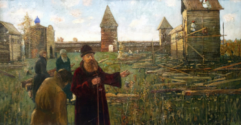 Россомахин Павел Афанасьевич. Тюмень в 1586 году. Доска, масло. 70х100. 20 век. Музейный комплекс имени Ивана Яковлевича Словцова.