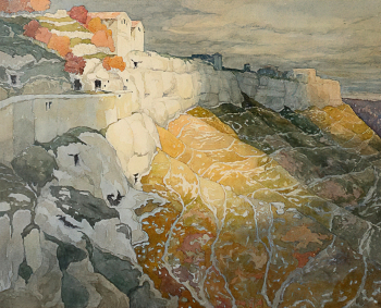 Козлов Анатолий Александрович. Пещерный город Чуфут-Кале. Бумага на картоне, акварель. 33,4х40,6. 20 век. Симферопольский художественный музей.
