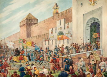 Лисснер Эрнест Эрнестович. Выезд Ивана Грозного в Ливонский поход в 1558 году. Бумага, акварель, тушь. 27,2х37,5. 1947. Музейное объединение `Музей Москвы`.