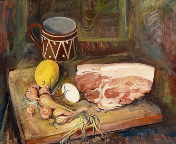 Эрнст Хубер. Натюрморт с мясом. Доска, масло. 45х54,5. 1948. Частная коллекция.