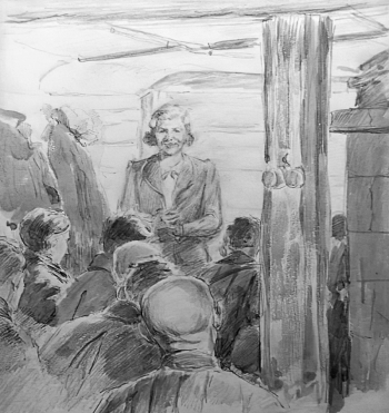 Алексич Михаил Николаевич. Неизвестная актриса, выступающая перед аудиторией в блиндаже. Бумага, карандаш, акварель. 38,2х28,7. 1942. Государственный центральный театральный музей имени А.А.Бахрушина.