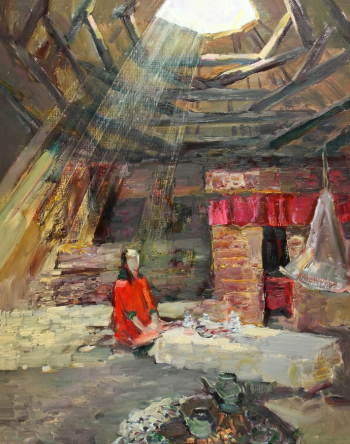 Ильиных Роман Леонидович. В хакасской юрте. Холст, масло. 80х63. 2000-е. Историко-этнографический музей-заповедник Шушенское.
