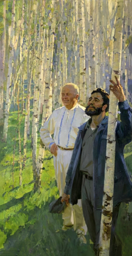 Самсонов Марат Иванович. Н.С.Хрущев и Ф.Кастро в берёзовой роще. Холст, масло. 242х126. Государственный музейно-выставочный центр РОСИЗО.