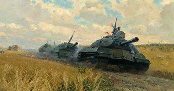 Самсонов Марат Иванович. Танки на марше. Холст, масло. 87х163. 1951. Военно-исторический музей артиллерии, инженерных войск и войск связи.