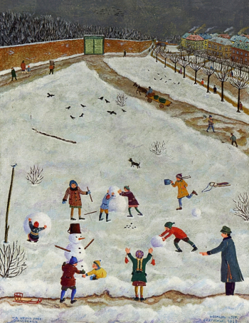 Зигфрид Леопольд Кратохвиль. Мы лепим снеговика. Доска, масло. 32х24. 1969. Частная коллекция.