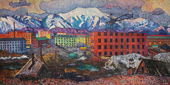 Суздальцев Георгий Сергеевич. Кызыл строится. Холст, масло. 98х199. 20 век. Национальный музей имени Алдан-Маадыр (Кызыл).
