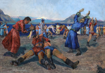 Попов Борис Никанорович. Тувинская национальная борьба хуреш. Холст, масло. 105х150. 1967. Национальный музей имени Алдан-Маадыр (Кызыл).