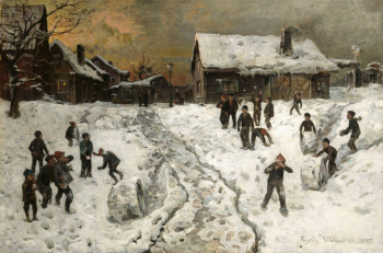 Герхард Мюнте. Бросание снежков. Холст, масло. 67,5х102. 1885. Национальный музей искусства, архитектуры и дизайна (Осло).