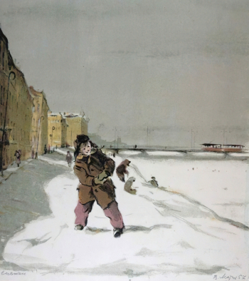 Матюх Вера Фёдоровна. Снежки. Бумага, цветная автолитография. 42х54. 1957. Историко-этнографический музей-заповедник Шушенское.