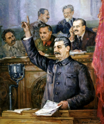 Модоров Фёдор Александрович. Доклад Сталина на чрезвычайном Vlll съезде Советов о проекте Конституции СССР 1936 года. Холст, масло. 151х127. 1937-1938. Государственный музейно-выставочный центр РОСИЗО.