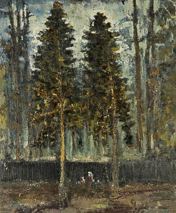 Васнецов Юрий Алексеевич. Две сосны. Картон на фанере, масло. 59,5х50,1. 1948. Вятский художественный музей имени В.М. и А.М.Васнецовых.