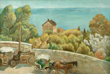 Плигин Александр Павлович. Пейзаж с фаэтонами. Крым. Холст, масло. 25,7х37,4. 1910-е. Ярославский художественный музей.
